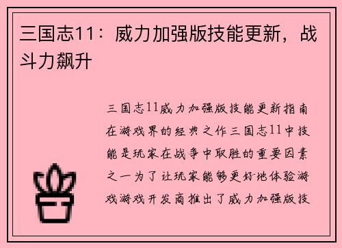 三国志11：威力加强版技能更新，战斗力飙升